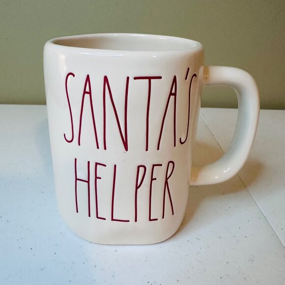 Rae Dunn By Magenta SANTA'S HELPER Ceramic Coffee Mug White With Red Letters - Picture 1 of 7